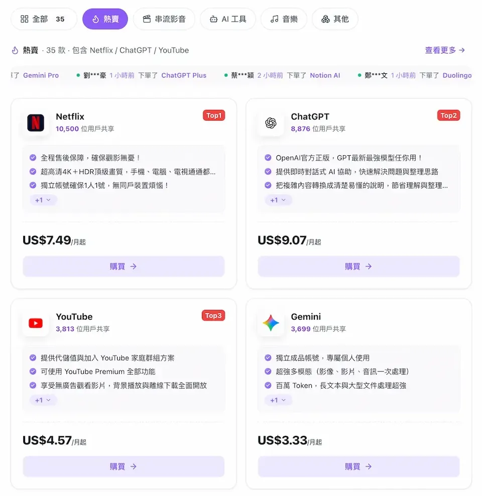 PremLogin 訂閱會提供哪些平台共享服務 1